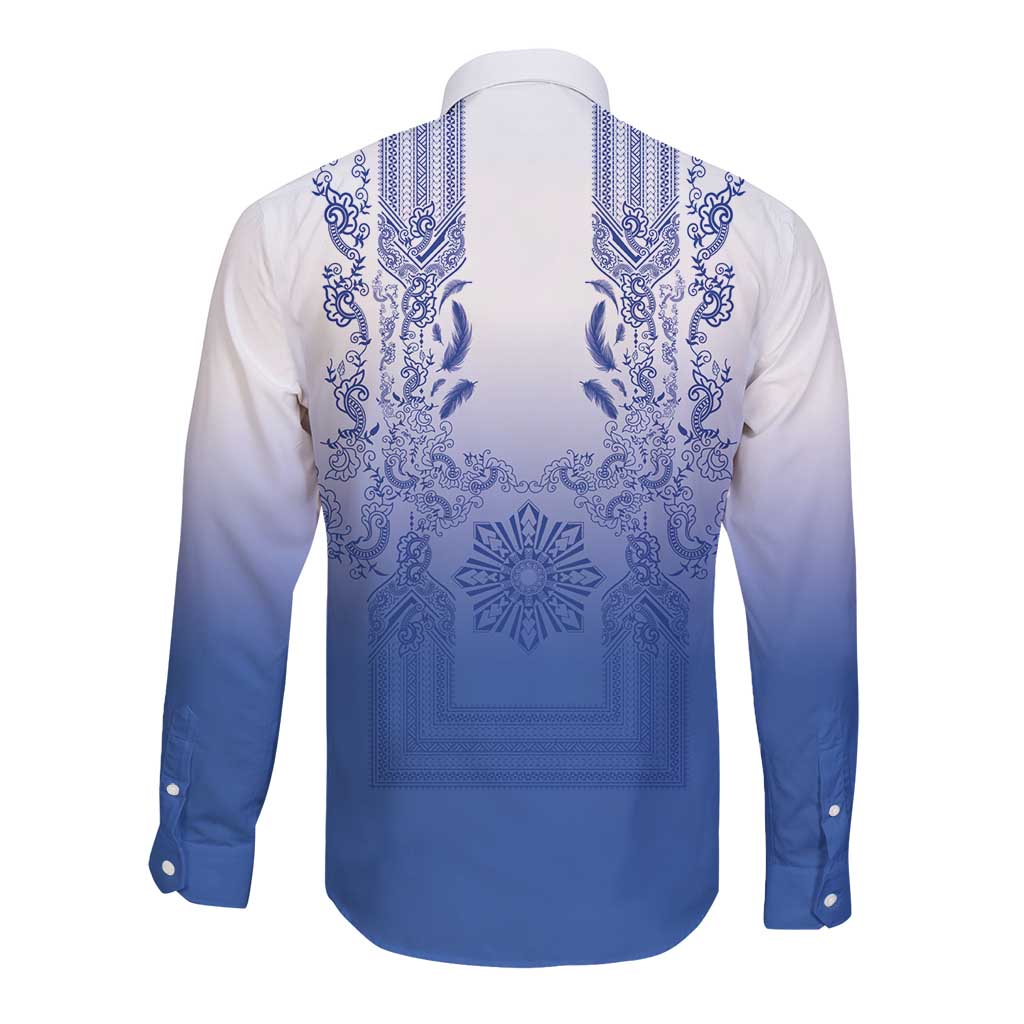 Philippines Barong Style Long Sleeve Button Shirt with Polynesian Art and Leaf Motif Blue Color LT03 - Polynesian Pride