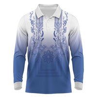 Philippines Barong Style Long Sleeve Polo Shirt with Polynesian Art and Leaf Motif Blue Color LT03 Blue - Polynesian Pride