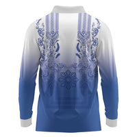 Philippines Barong Style Long Sleeve Polo Shirt with Polynesian Art and Leaf Motif Blue Color LT03 - Polynesian Pride