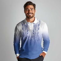 Philippines Barong Style Long Sleeve Polo Shirt with Polynesian Art and Leaf Motif Blue Color LT03 - Polynesian Pride