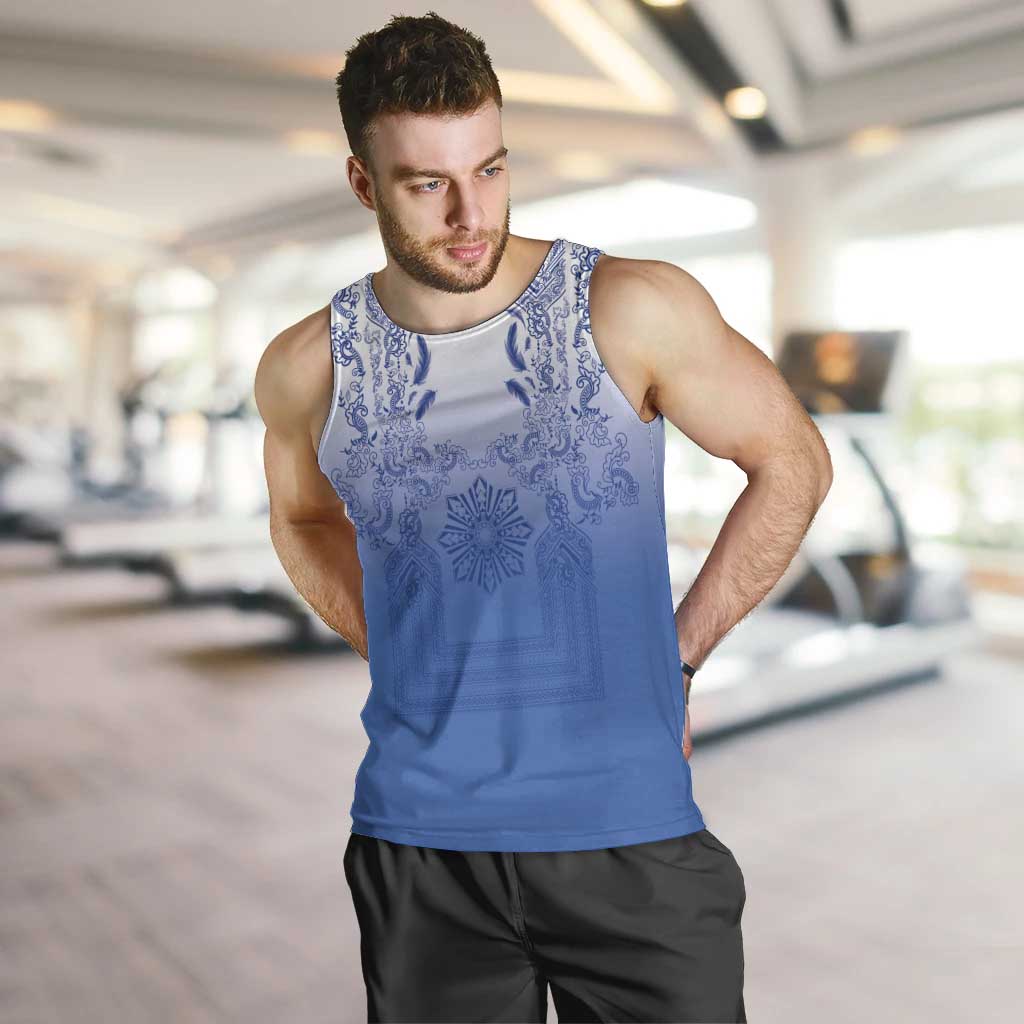 Philippines Barong Style Men Tank Top with Polynesian Art and Leaf Motif Blue Color