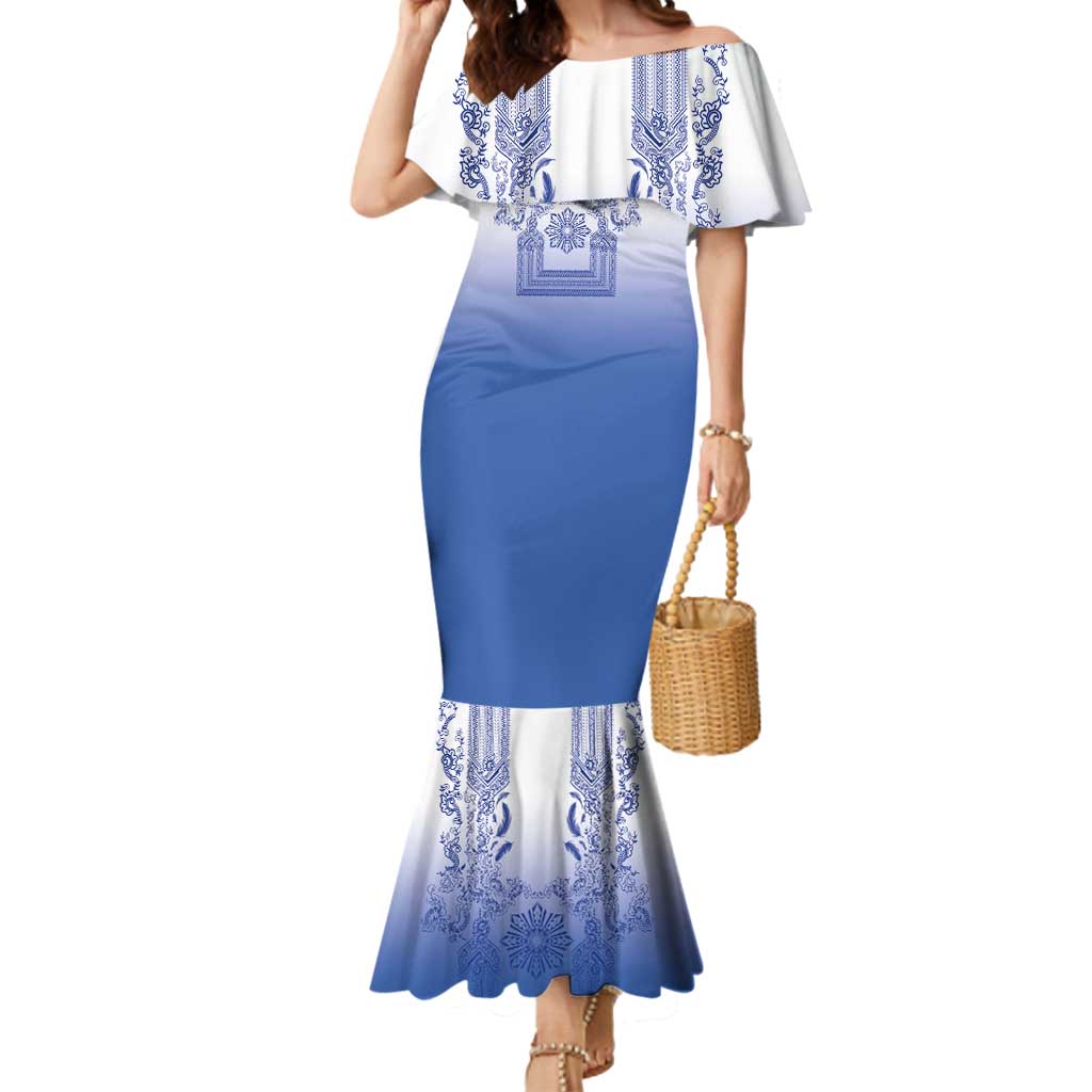Philippines Barong Style Mermaid Dress with Polynesian Art and Leaf Motif Blue Color LT03 Women Blue - Polynesian Pride