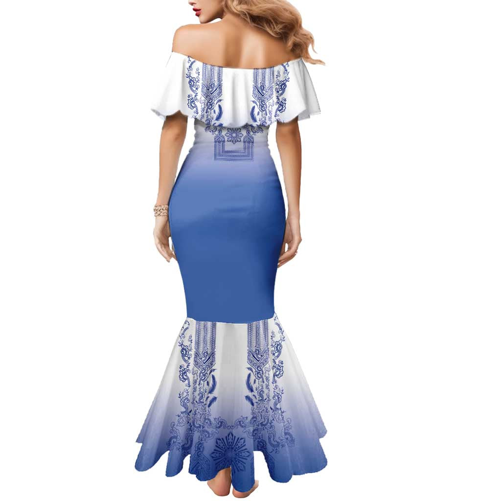 Philippines Barong Style Mermaid Dress with Polynesian Art and Leaf Motif Blue Color LT03 - Polynesian Pride
