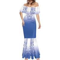 Philippines Barong Style Mermaid Dress with Polynesian Art and Leaf Motif Blue Color LT03 - Polynesian Pride