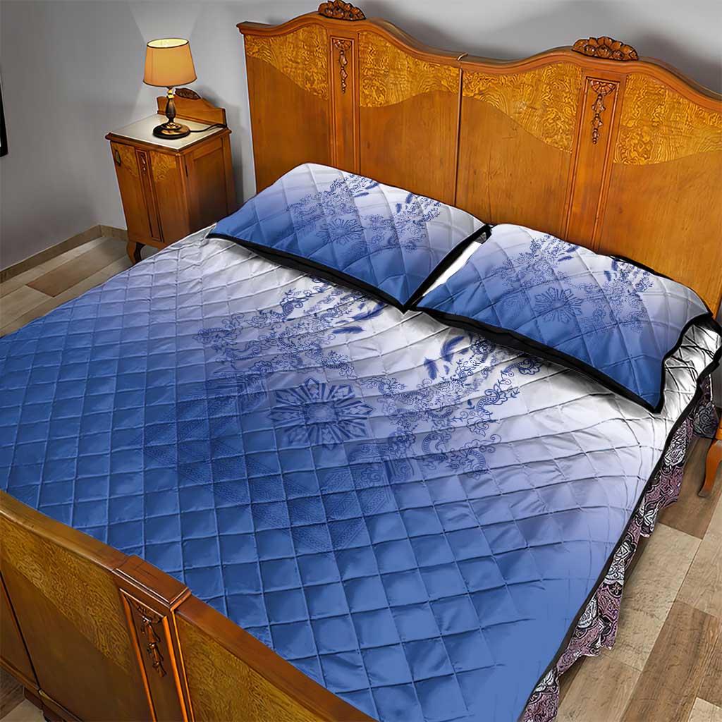 Philippines Barong Style Quilt Bed Set with Polynesian Art and Leaf Motif Blue Color