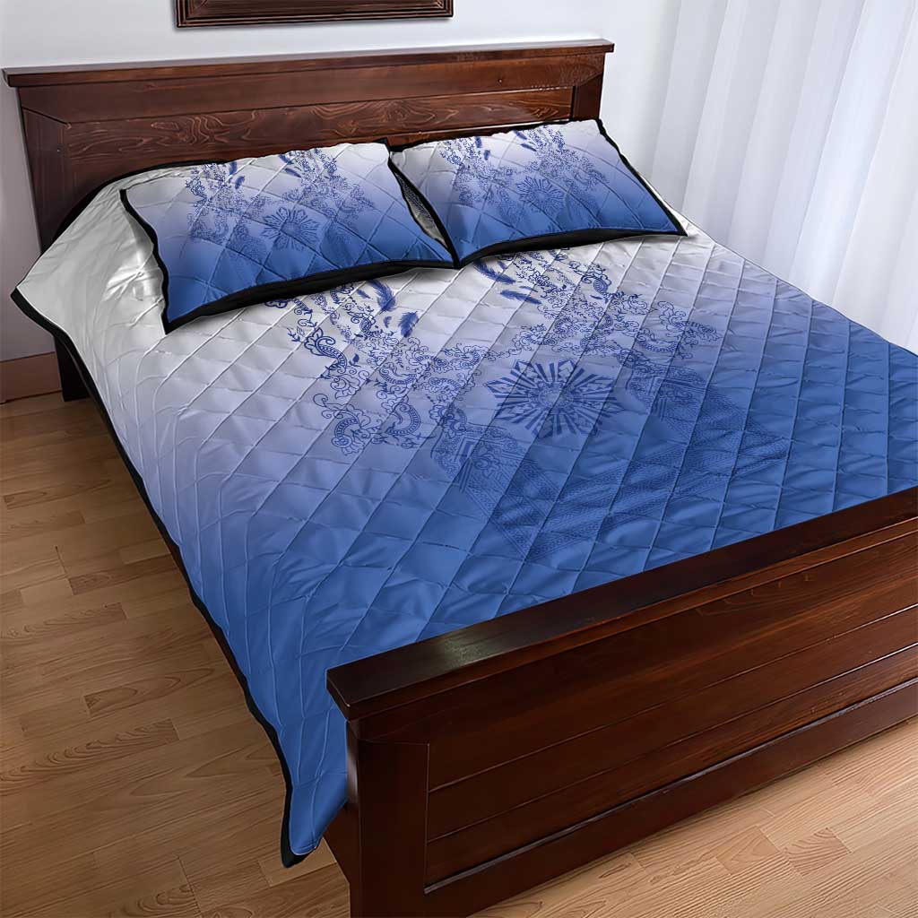 Philippines Barong Style Quilt Bed Set with Polynesian Art and Leaf Motif Blue Color