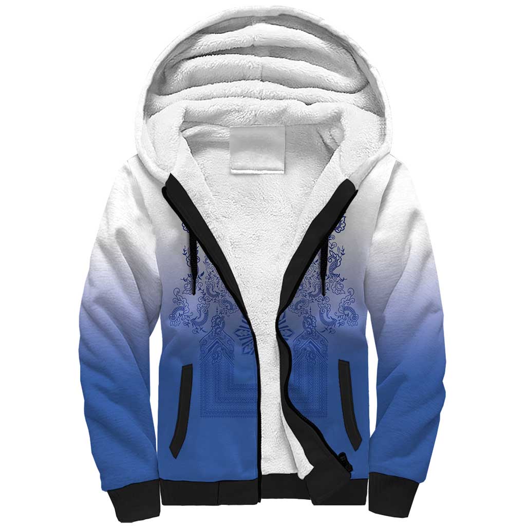 Philippines Barong Style Sherpa Hoodie with Polynesian Art and Leaf Motif Blue Color LT03 Unisex Blue - Polynesian Pride