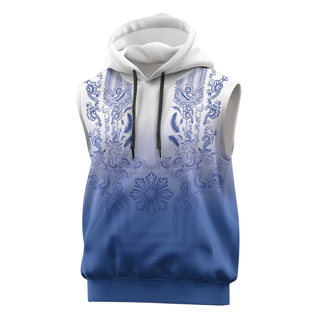 Philippines Barong Style Sleeveless Hoodie with Polynesian Art and Leaf Motif Blue Color LT03 Blue - Polynesian Pride