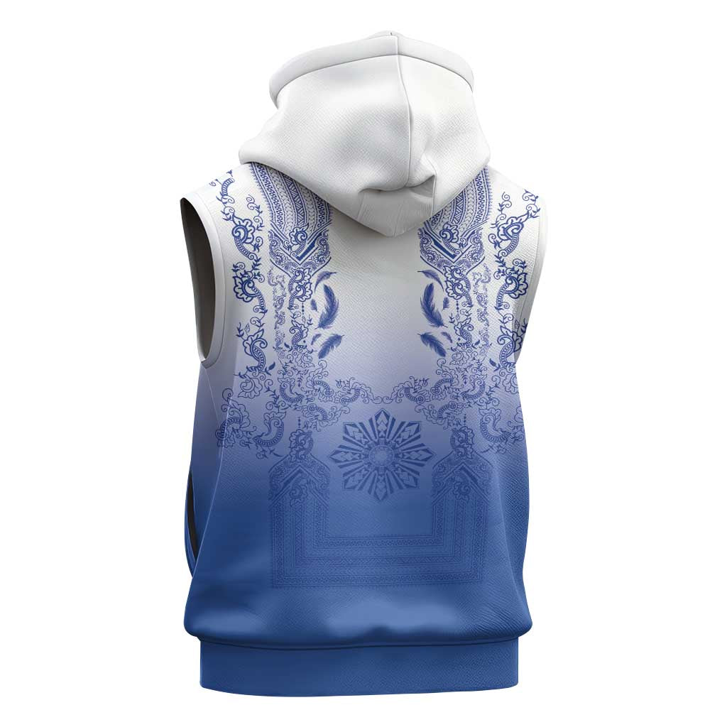 Philippines Barong Style Sleeveless Hoodie with Polynesian Art and Leaf Motif Blue Color LT03 - Polynesian Pride