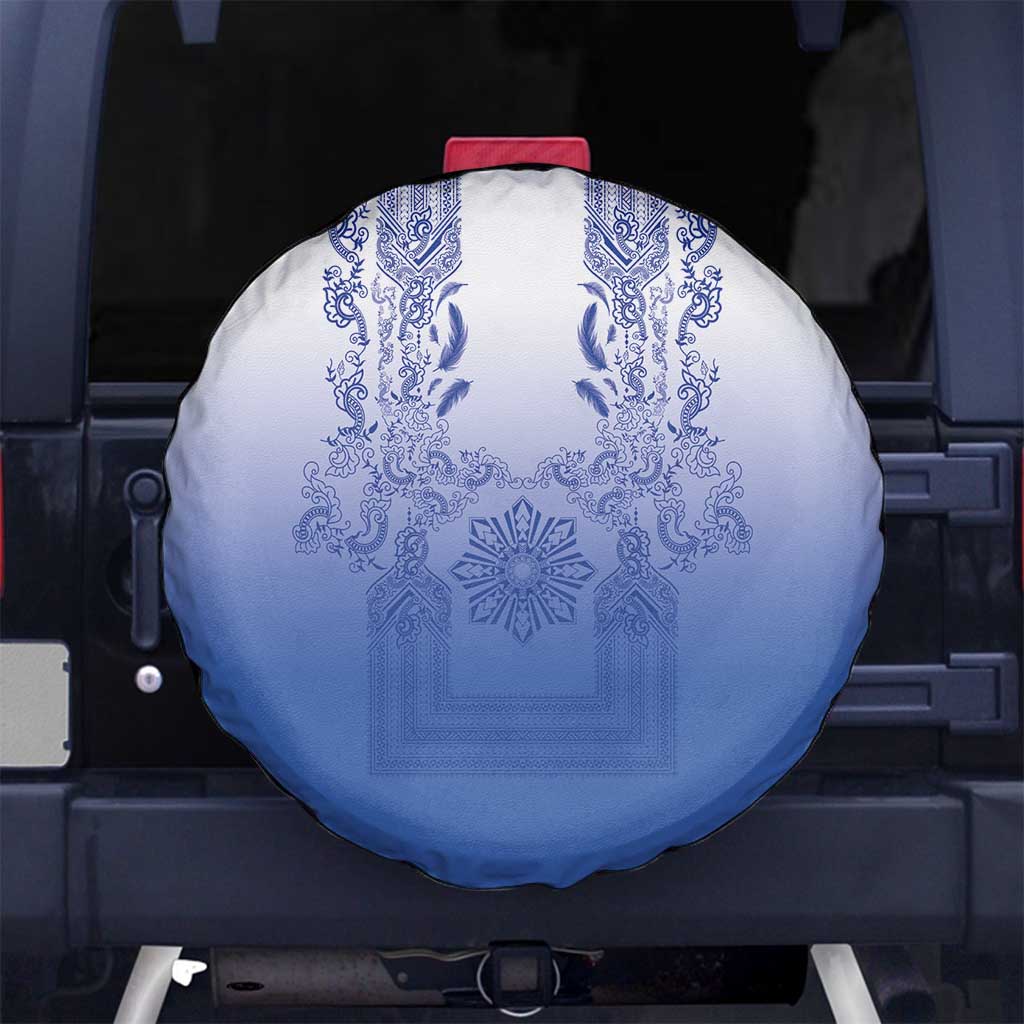 Philippines Barong Style Spare Tire Cover with Polynesian Art and Leaf Motif Blue Color