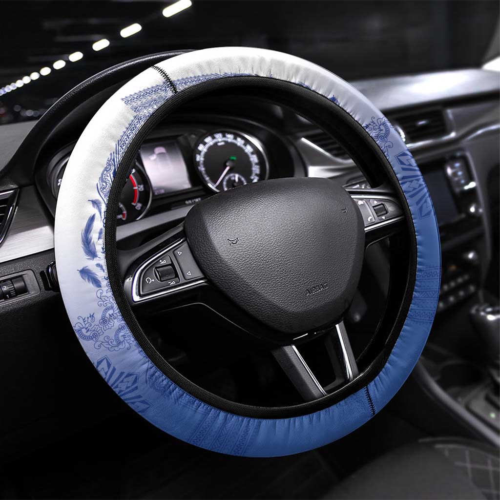 Philippines Barong Style Steering Wheel Cover with Polynesian Art and Leaf Motif Blue Color LT03 Universal Fit Blue - Polynesian Pride