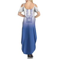 Philippines Barong Style Summer Maxi Dress with Polynesian Art and Leaf Motif Blue Color LT03 - Polynesian Pride
