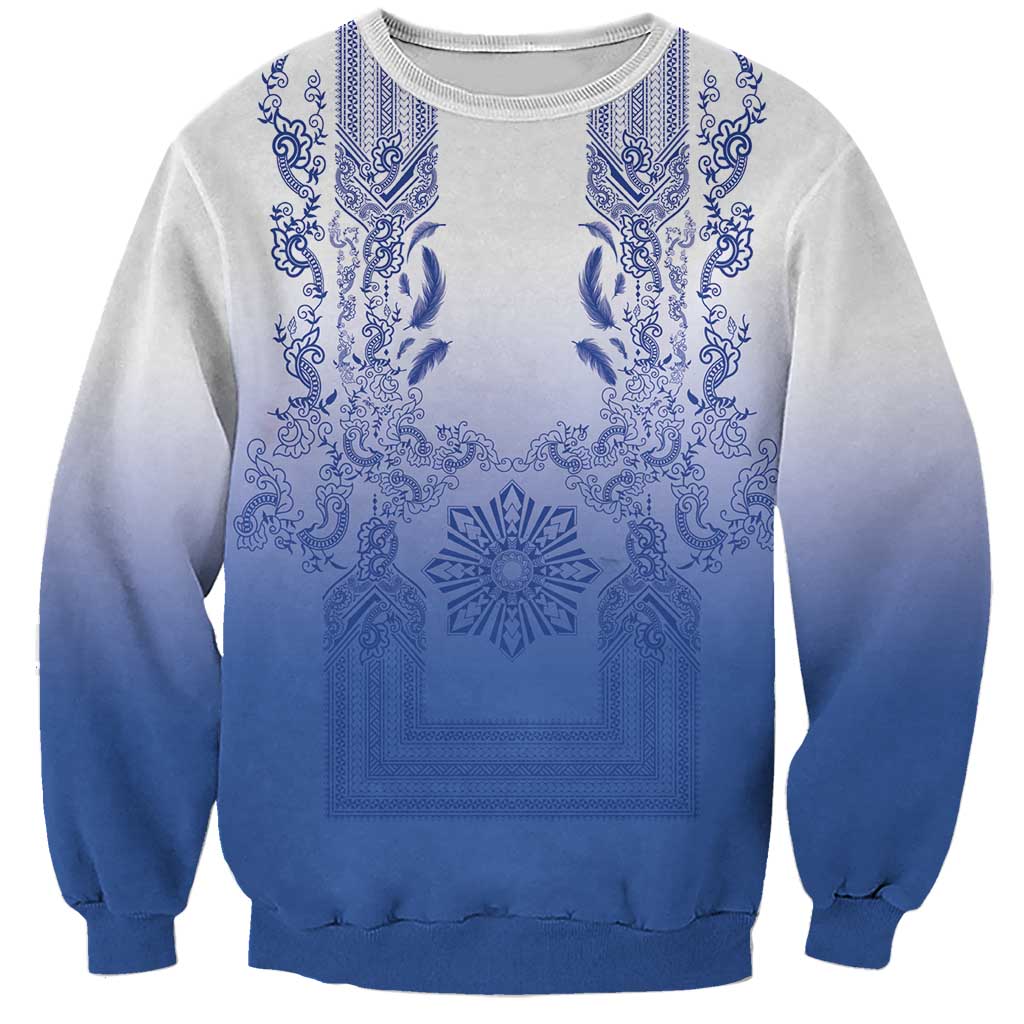 Philippines Barong Style Sweatshirt with Polynesian Art and Leaf Motif Blue Color LT03 Unisex Blue - Polynesian Pride