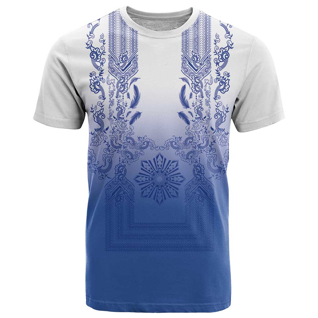 Philippines Barong Style T Shirt with Polynesian Art and Leaf Motif Blue Color