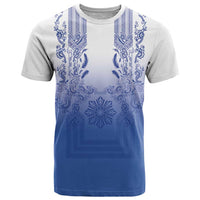 Philippines Barong Style T Shirt with Polynesian Art and Leaf Motif Blue Color