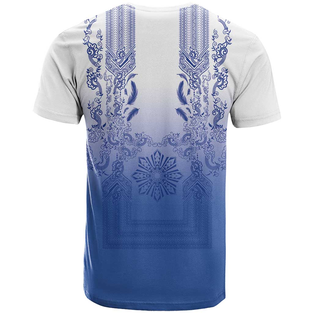Philippines Barong Style T Shirt with Polynesian Art and Leaf Motif Blue Color