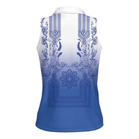 Philippines Barong Style Women Sleeveless Polo Shirt with Polynesian Art and Leaf Motif Blue Color