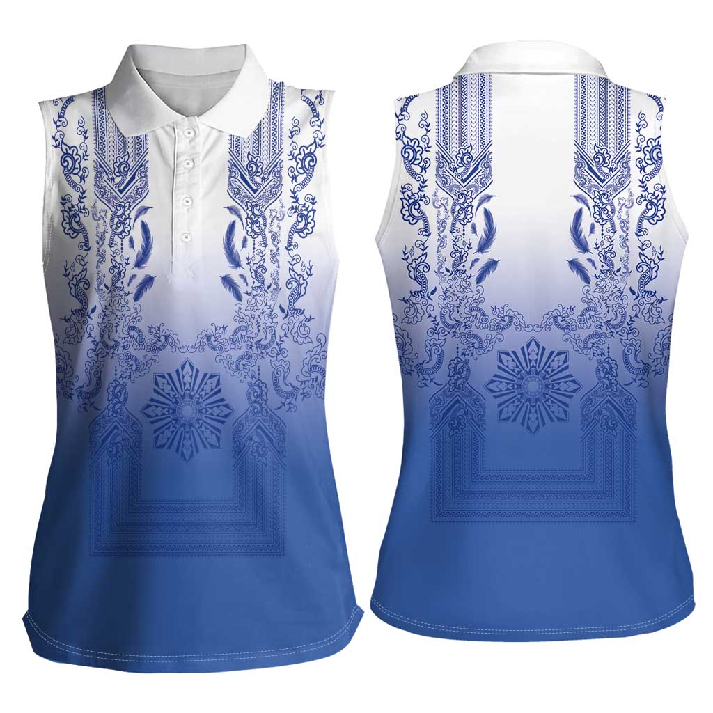Philippines Barong Style Women Sleeveless Polo Shirt with Polynesian Art and Leaf Motif Blue Color