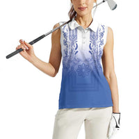Philippines Barong Style Women Sleeveless Polo Shirt with Polynesian Art and Leaf Motif Blue Color