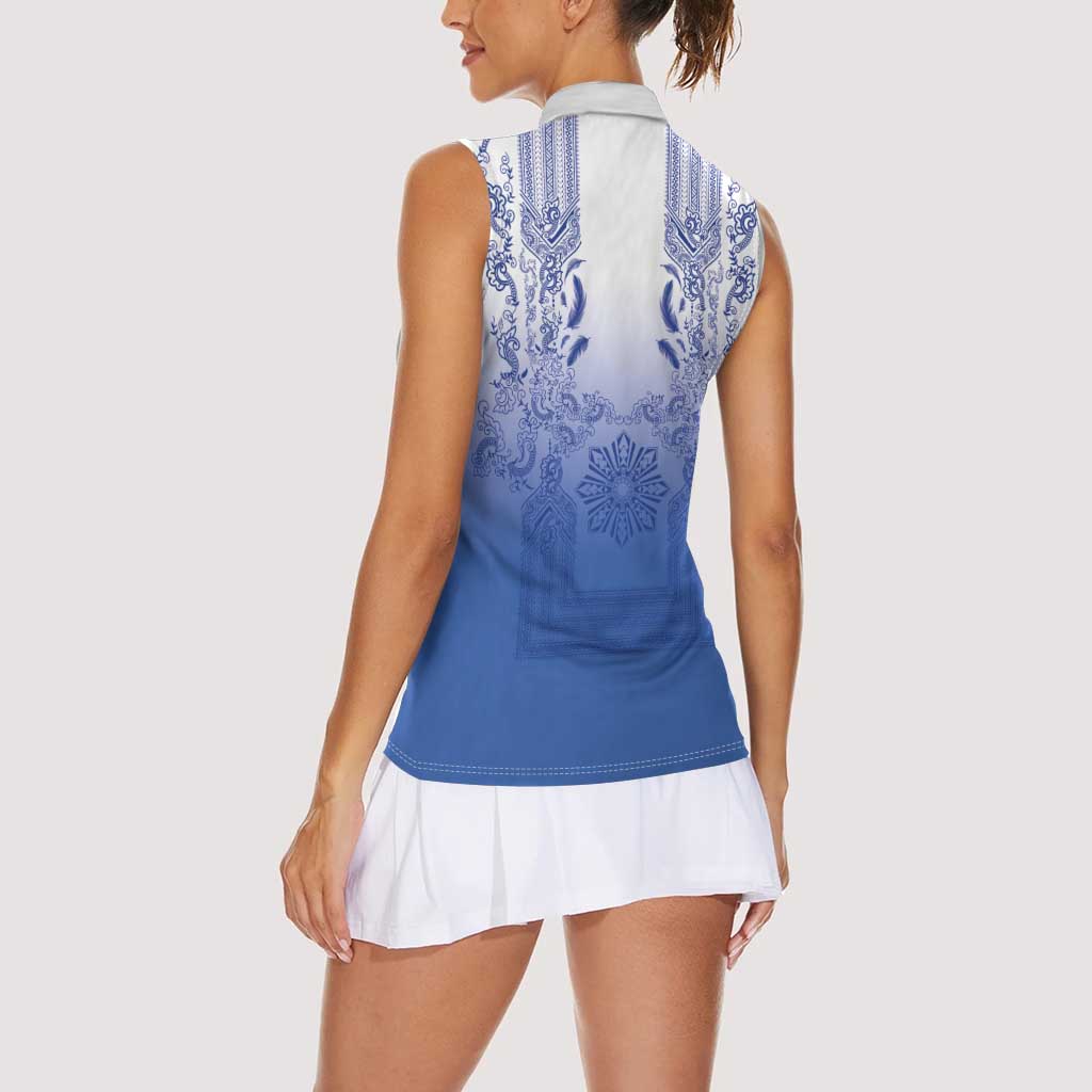 Philippines Barong Style Women Sleeveless Polo Shirt with Polynesian Art and Leaf Motif Blue Color