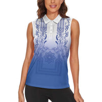 Philippines Barong Style Women Sleeveless Polo Shirt with Polynesian Art and Leaf Motif Blue Color