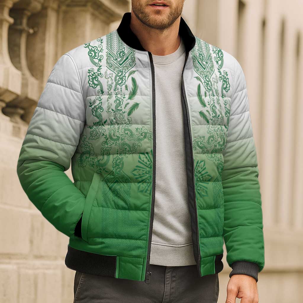 Philippines Barong Style Bomber Puffer Jacket with Polynesian Art and Leaf Motif Green Color LT03 - Polynesian Pride