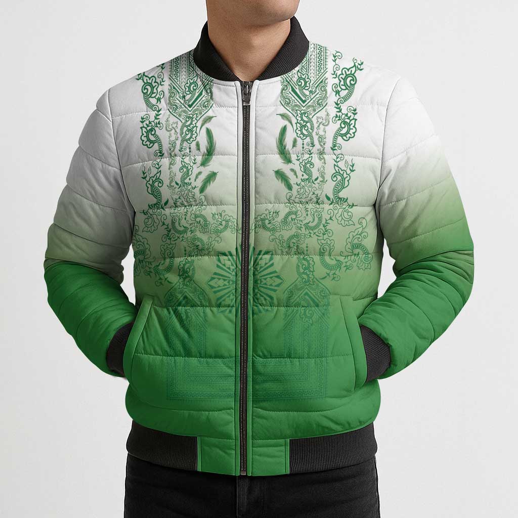 Philippines Barong Style Bomber Puffer Jacket with Polynesian Art and Leaf Motif Green Color LT03 - Polynesian Pride