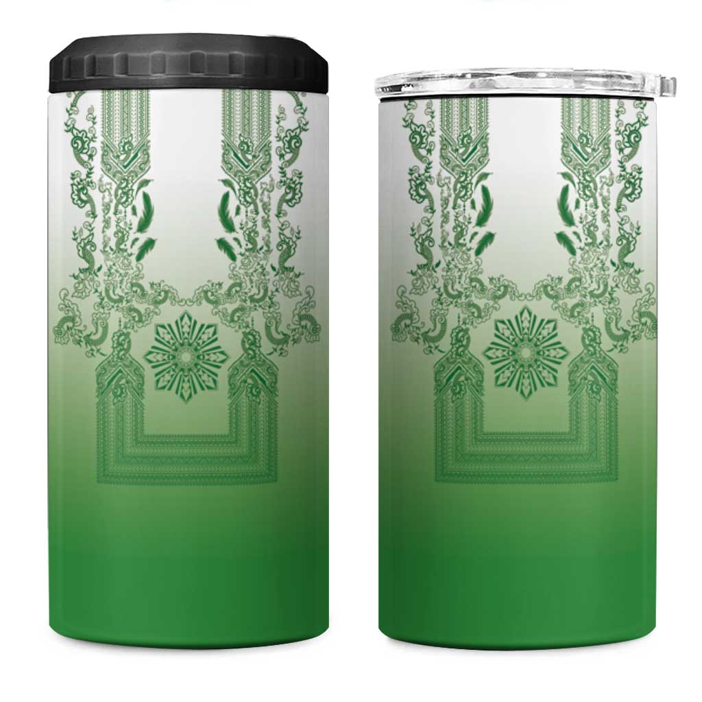 Philippines Barong Style 4 in 1 Can Cooler Tumbler with Polynesian Art and Leaf Motif Green Color