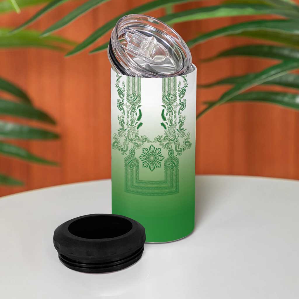 Philippines Barong Style 4 in 1 Can Cooler Tumbler with Polynesian Art and Leaf Motif Green Color