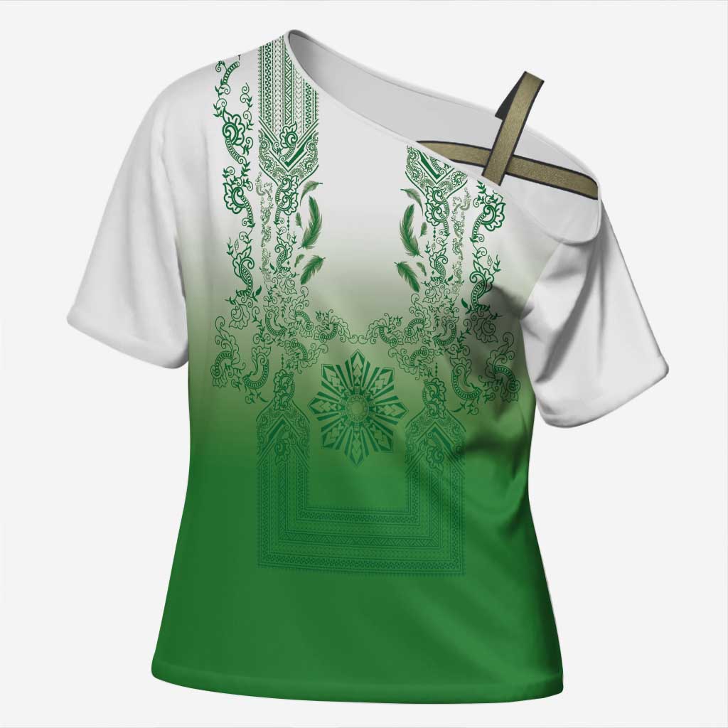 Philippines Barong Style Cross Shoulder Shirt with Polynesian Art and Leaf Motif Green Color LT03 Female Green - Polynesian Pride