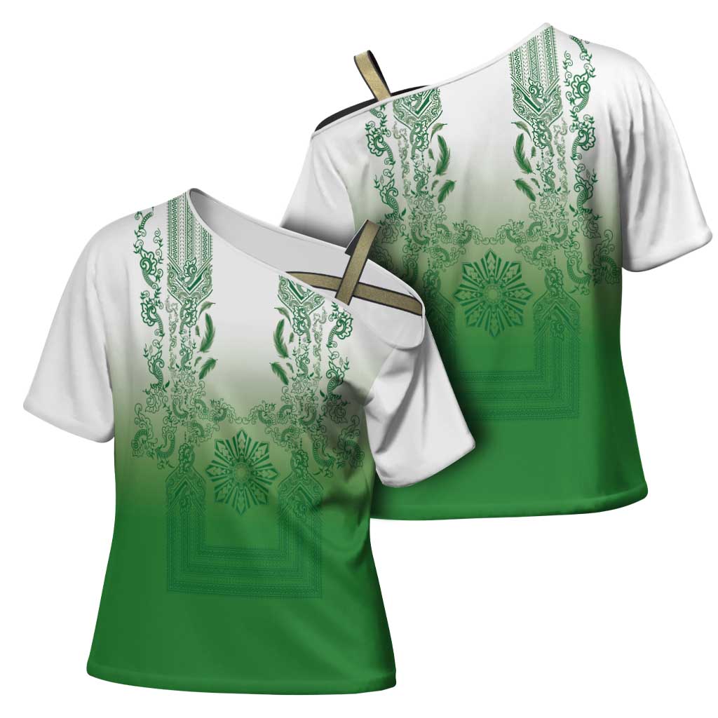 Philippines Barong Style Cross Shoulder Shirt with Polynesian Art and Leaf Motif Green Color LT03 - Polynesian Pride