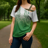 Philippines Barong Style Cross Shoulder Shirt with Polynesian Art and Leaf Motif Green Color LT03 - Polynesian Pride