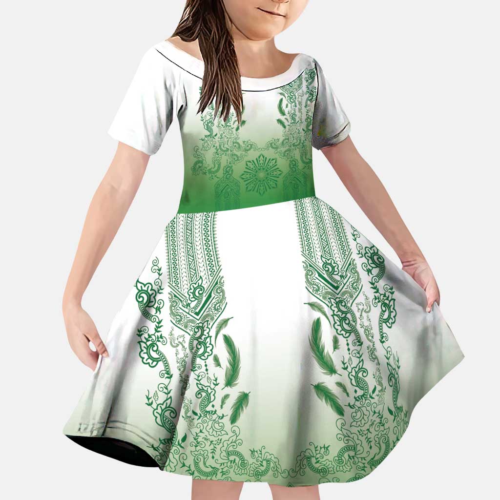 Philippines Barong Style Family Matching Long Sleeve Bodycon Dress and Hawaiian Shirt with Polynesian Art and Leaf Motif Green Color