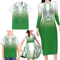 Philippines Barong Style Family Matching Long Sleeve Bodycon Dress and Hawaiian Shirt with Polynesian Art and Leaf Motif Green Color