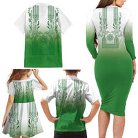 Philippines Barong Style Family Matching Long Sleeve Bodycon Dress and Hawaiian Shirt with Polynesian Art and Leaf Motif Green Color