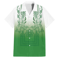 Philippines Barong Style Family Matching Long Sleeve Bodycon Dress and Hawaiian Shirt with Polynesian Art and Leaf Motif Green Color