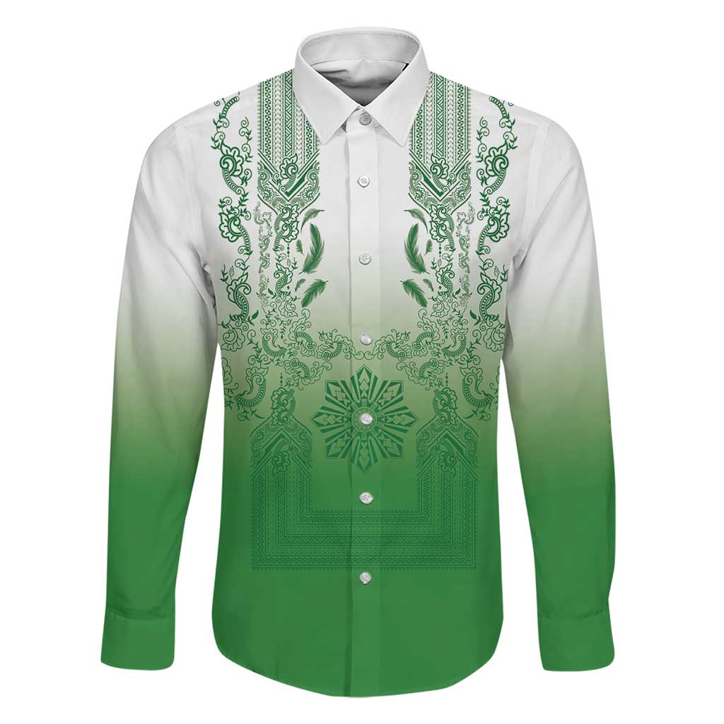 Philippines Barong Style Family Matching Long Sleeve Bodycon Dress and Hawaiian Shirt with Polynesian Art and Leaf Motif Green Color
