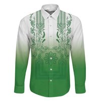 Philippines Barong Style Family Matching Long Sleeve Bodycon Dress and Hawaiian Shirt with Polynesian Art and Leaf Motif Green Color