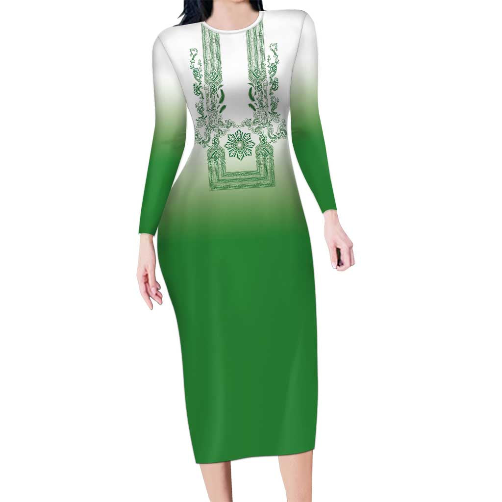 Philippines Barong Style Family Matching Long Sleeve Bodycon Dress and Hawaiian Shirt with Polynesian Art and Leaf Motif Green Color