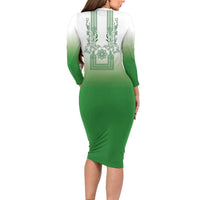 Philippines Barong Style Family Matching Long Sleeve Bodycon Dress and Hawaiian Shirt with Polynesian Art and Leaf Motif Green Color
