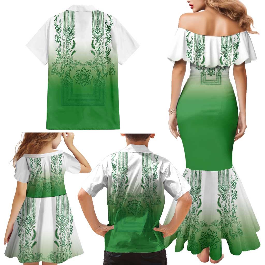 Philippines Barong Style Family Matching Mermaid Dress and Hawaiian Shirt with Polynesian Art and Leaf Motif Green Color