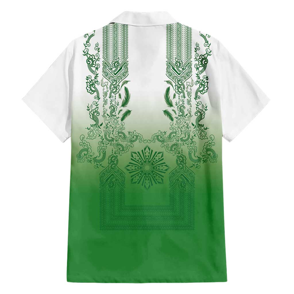 Philippines Barong Style Family Matching Mermaid Dress and Hawaiian Shirt with Polynesian Art and Leaf Motif Green Color