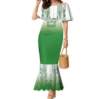 Philippines Barong Style Family Matching Mermaid Dress and Hawaiian Shirt with Polynesian Art and Leaf Motif Green Color