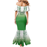 Philippines Barong Style Family Matching Mermaid Dress and Hawaiian Shirt with Polynesian Art and Leaf Motif Green Color