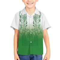Philippines Barong Style Family Matching Mermaid Dress and Hawaiian Shirt with Polynesian Art and Leaf Motif Green Color