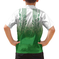 Philippines Barong Style Family Matching Off The Shoulder Long Sleeve Dress and Hawaiian Shirt with Polynesian Art and Leaf Motif Green Color