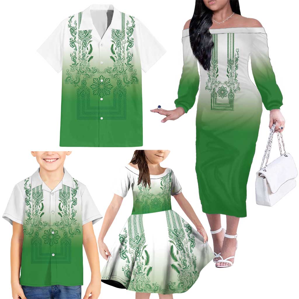 Philippines Barong Style Family Matching Off The Shoulder Long Sleeve Dress and Hawaiian Shirt with Polynesian Art and Leaf Motif Green Color