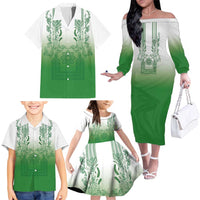 Philippines Barong Style Family Matching Off The Shoulder Long Sleeve Dress and Hawaiian Shirt with Polynesian Art and Leaf Motif Green Color