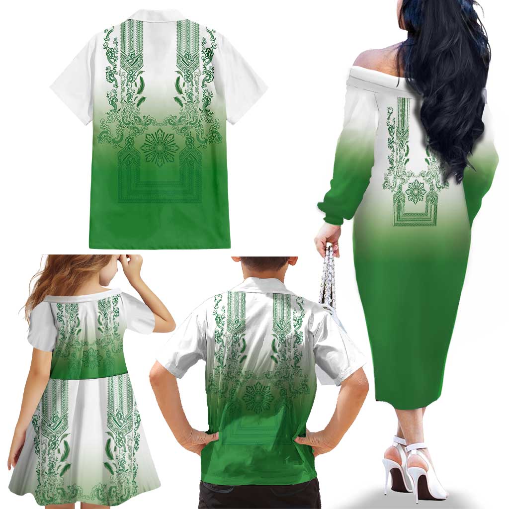Philippines Barong Style Family Matching Off The Shoulder Long Sleeve Dress and Hawaiian Shirt with Polynesian Art and Leaf Motif Green Color