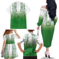 Philippines Barong Style Family Matching Off The Shoulder Long Sleeve Dress and Hawaiian Shirt with Polynesian Art and Leaf Motif Green Color